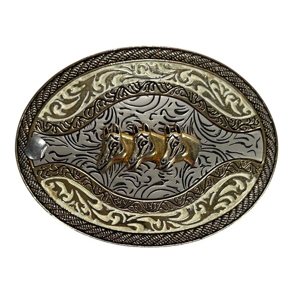 Three Horse Heads Engraved Ornate Western Belt Buckle - Picture 3 of 10